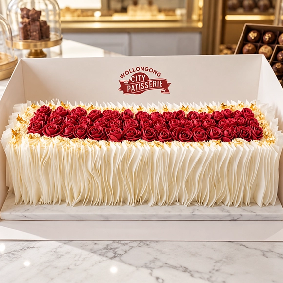 Celebration slab cake Wollongong with crimson roses, fresh cream and gold leaf